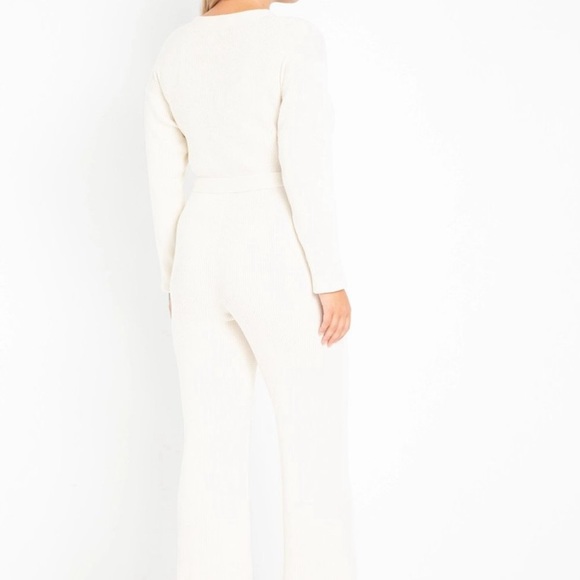 Eloquii Beige Long Sleeve Button Front Ribbed Sweater Knit Jumpsuit - Picture 3 of 12